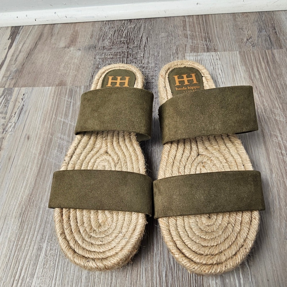 Haute Hippie Nori Espadrille Slide Sandals 8.5 Olive Green Boho Granola P5NOR60P